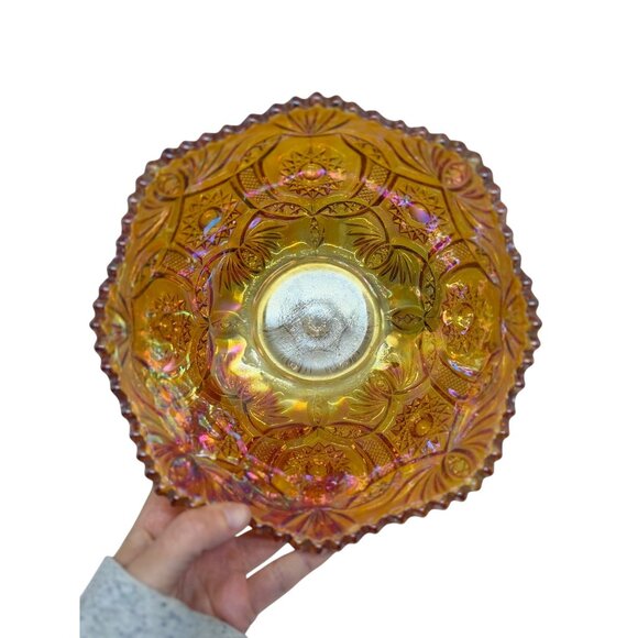 Vintage Marigold Carnival Glass Bowl 8x3 Starburst Crab Claw Pattern Iridescent - Picture 5 of 10